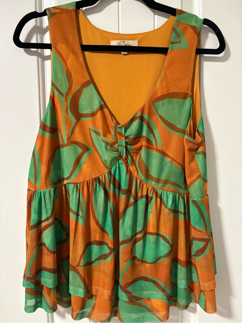 Sleeveless V-Neck Peplum Tunic in Orange and Green by L.G.